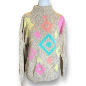Vintage‎ 90s Sweater Geometric Multicolor Cropped Yellow Neutral Pullover Knit thumbnail 2