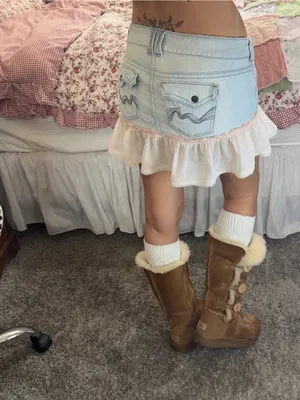 Y2K Light Blue Denim Mini Skirt with pink Lace Ruffle thumbnail 2