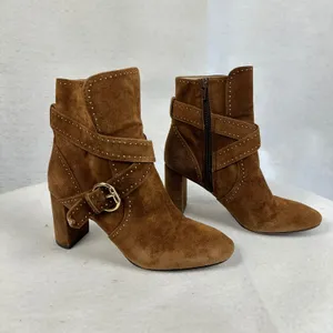 Ann Taylor‎ Brown Suede Studded Buckle Ankle Boots Women 6M Block Heel Moto Boho thumbnail 3