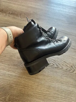 Frye Black Leather Lace-Up Hiker Boots with Red-Accented Laces thumbnail 5