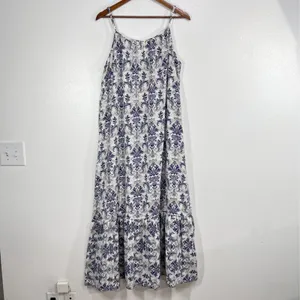 Dokotoo Boho Blue White Damask Paisley‎ Spaghetti Strap Tiered Maxi Dress XL NWT thumbnail 3