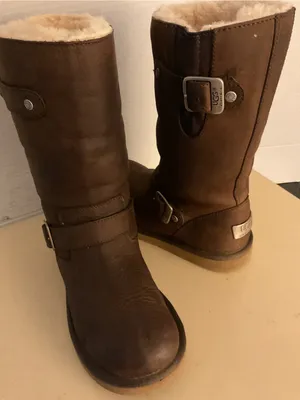 UGG women Brown Leather Shearling biker moto Boots US 6 thumbnail 8
