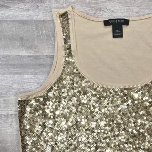 WHBM Gold Sequin Sleeveless Top Scoop Neck Womens M Tan Stretch Bling Tank thumbnail 3