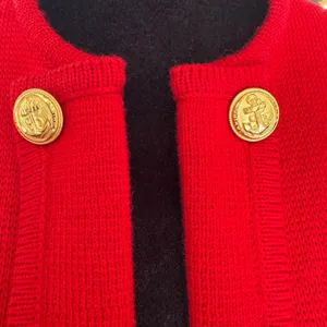 Vintage Carine‎ Paris Red Knit Wool Cardigan Jacket Gold Anchor Buttons Womens L thumbnail 3
