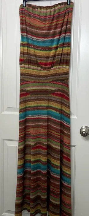NWOT Veronica‎ M women's brown multicolor maxi strapless stretchy dress small thumbnail 1