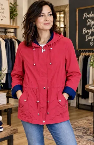 Liz Claiborne Women’s Red Hooded Anorak Jacket Petites PM Mid-Length Zip thumbnail 1
