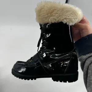 US Polo Assn Madison patent Black & Cream Faux Fur Lined Boots lace up logo 6.5 thumbnail 7