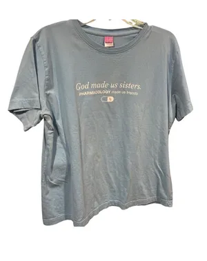 God Made Us Sisters Pharmacology Friends Womens XL T-Shirt LAT Blue 100% Cotton thumbnail 1