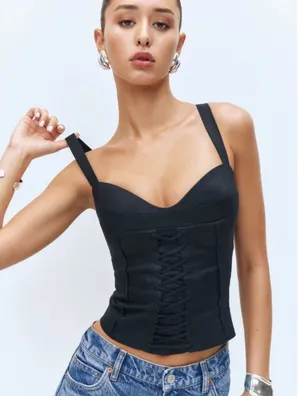 Reformation Gaia Linen Corset Tank Top NEW Black thumbnail 1