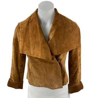 Women's Brown 100% Genuine Leather Long Sleeve Collared Crop Moto Coat Jacket S thumbnail 1
