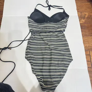 Motherhood Maternity Black‎ White Striped Halter One Piece Swimsuit Size Medium thumbnail 4