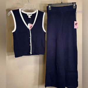 Sincerely Jules Women’s 2Pc Navy Knit Sweater Set,Vest+Wide/Flare leg Pants|SZ:S thumbnail 2