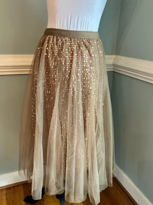 Sequined Tulle Midi Skirt in Light Brown thumbnail 2