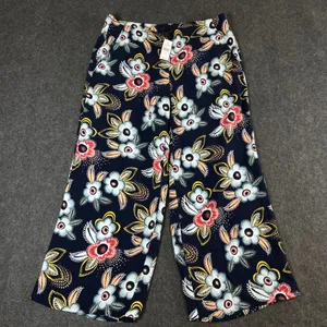LOFT Floral Wide Leg Crop Pants Navy Blue Pink Yellow Rayon Size 10 NWT thumbnail 1