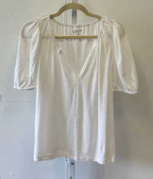 LOFT Cotton Slub Puff Sleeve Split Neck Blouse Top Medium 36801213 White Relaxed thumbnail 1