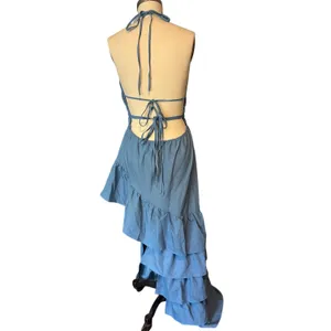 NWT ~ Women's Sexy Blue Ruffled Backless Halter Maxi Beach Dress ~ Size XL thumbnail 4