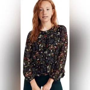 Madewell Sheer-Sleeve Ruffle Peplum Top Blouse in Black Finch Floral‎ Size Large thumbnail 2