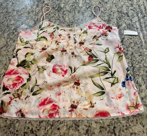 New York & Company Pink Floral Lace-Trim Camisole thumbnail 1