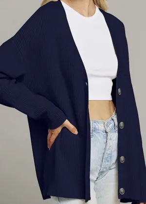 MEROKEETY Classic Navy Ribbed V-Neck Cardigan thumbnail 2