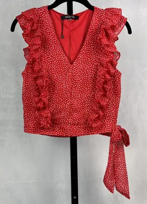 Sugar+Lips Top Womens Small Red Polka Dot Ruffle Crop Zip Up Tie Waist Blouse thumbnail 1