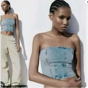 Zara Denim Crop Tube Top Corset thumbnail 2