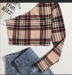 One Shoulder Burberry Print Crop Top thumbnail 2
