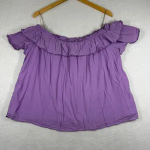 Talulah Womens Purple Off the Shoulder Ruffle‎ Pom Pom Gauze Top Y20126 Large thumbnail 1