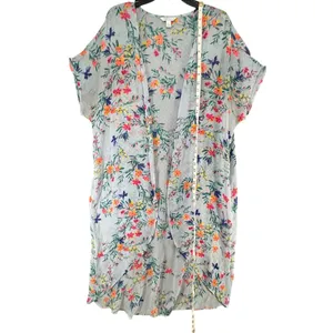 Boutique Kimono Swim Cover Up 0X-1X‎ Blue Floral Open Front Duster Resort Beach thumbnail 8