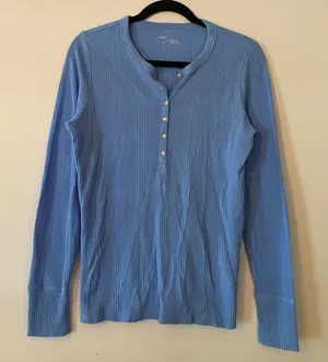 Aerie Blue Waffle Knit Long Sleeve Henley Shirt Loungewear Women's size Large thumbnail 1