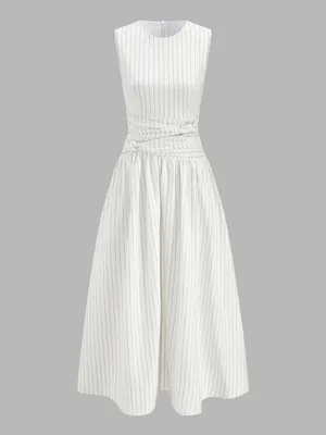 Commense Cotton Blend Striped Ruched Maxi Dress White XS NWT Pockets thumbnail 2
