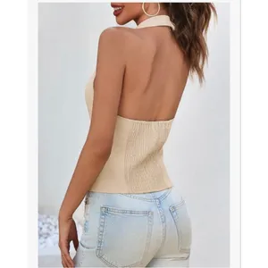 NEW Halter Blazer Vest Deep V Neck Zip Up Backless Smocked Waist M thumbnail 2