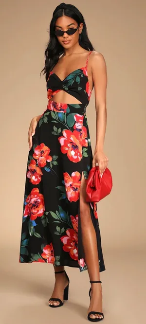 Lulus Tropical Blooms Black Floral Tie-Back Cutout Maxi Dress | NWT thumbnail 1