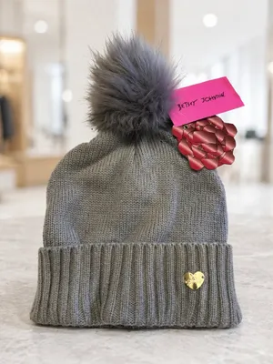 Betsey Johnson Gray Knit Beanie Faux Fur Pom Pom Winter Hat NWT thumbnail 2