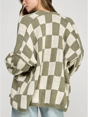 Olive Checkered Oversized Cardigan Green thumbnail 2
