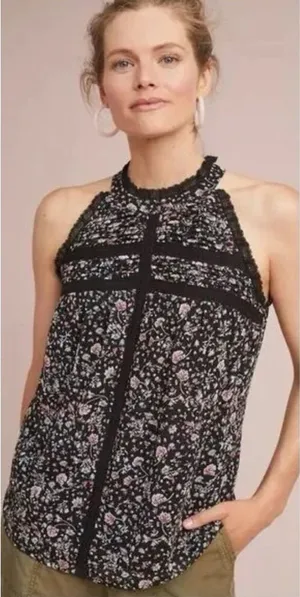 Anthropologie Maeve Lace Ruffle Trim Floral Sleeveless Halter‎ Neck Top Size XL thumbnail 1