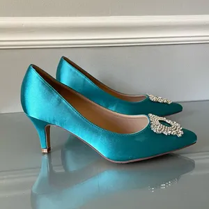 ERIJUNOR Teal Satin Kitten Heel Pumps Rhinestone Buckle Pointed Toe Size 7 thumbnail 3