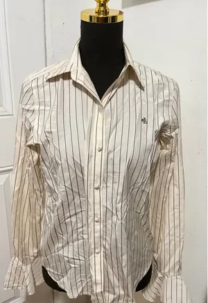 Lauren Ralph Lauren Women 4 Silk Pinstripe Button Down Shirt Fluted Cuff Cream thumbnail 1