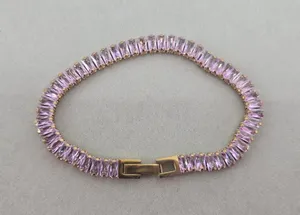 Tennis Bracelet Women 6.75 Baguette Pink Crystal Gold Tone Elegant EUC thumbnail 1