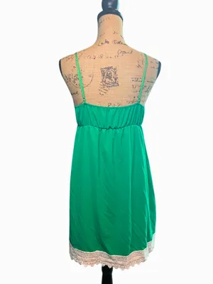 Green Babydoll Dress with White Lace Trim & Adjustable Straps thumbnail 2