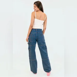 Edikted Jaimie Cargo Jeans Baggy Fit Pockets Low Waist Blue Denim Y2K NEW Size L thumbnail 3
