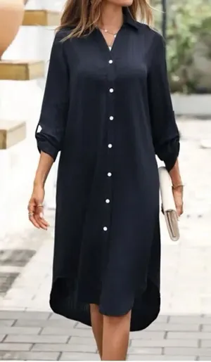 GGUHHU Women’s Chic Button Down Long Sleeve Midi Black Pockets Shirt-Dress S thumbnail 1