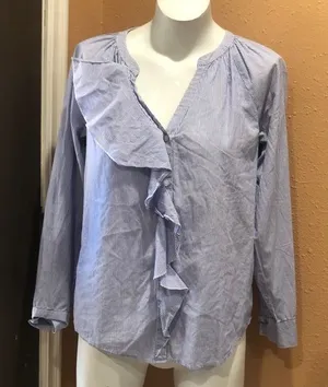 Ann Taylor loft blue striped button up blouse thumbnail 1
