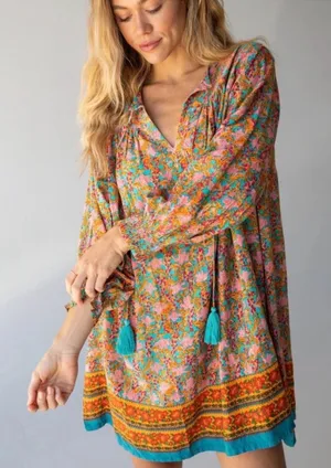 NWT Natural Life Dara V-Neck Tunic Dress Boho Floral Tassel Mini Medium thumbnail 1
