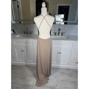 Maxi Dress Womens M Taupe Deep V-Neck Double Slit Open Back Gown thumbnail 9