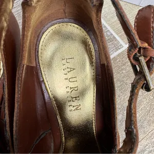Ralph Lauren Hannie Brown‎ T Strap Peep Toe Wedge Sandals Leather Sz 8.5 thumbnail 5