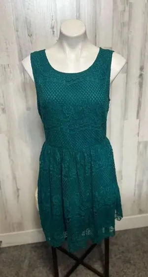 Green laced open back fit and flare dress thumbnail 1