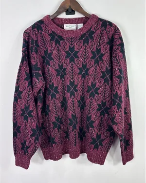 Brittany Bay Sweater Womens Large Burgundy Black Snowflake Knit Wool Blend Retro thumbnail 1