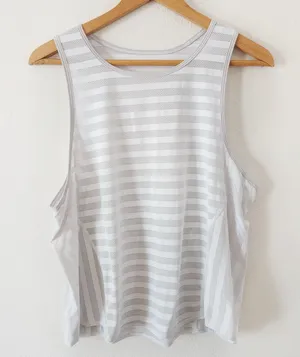 Lululemon White Mesh Cropped Running Striped Tank Top Shirt Size L? READ DESCRIP thumbnail 1
