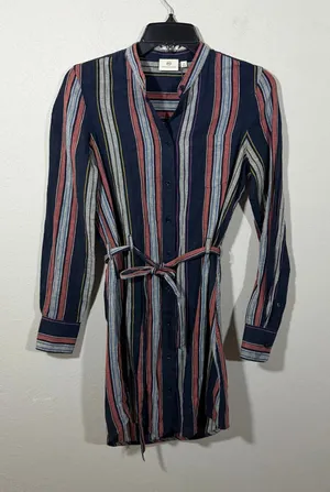 NWT Adriano Goldschmied Navy Multi Stripe Button Down Linen Shirt Dress Women XS thumbnail 1