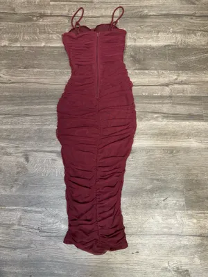 Windsor Burgundy Ruched Mesh Bodycon Midi Dress NWT XS Wine Red Cocktail Party thumbnail 2